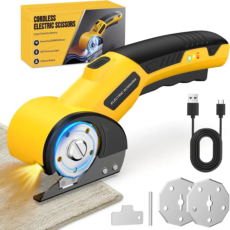 GVOO Cordless Electric Scissors, 320RPM Motor with 3000mAh 5V Rechargeable Battery, Electric Cardboard Cutter with 2 Extra Blades