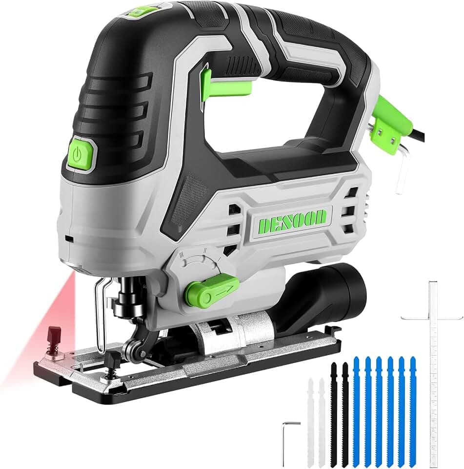 Stichsäge Elektro-stichsägen 800W : DESOON 800-3000 SPM mit Laser & LED, ±45° Neigungsschnitt, Aluminium-Basisplatte, 10 Sägeblätter, Staubabsaugung, Säge Multifunktional für Holz, Metall & Kunststoff