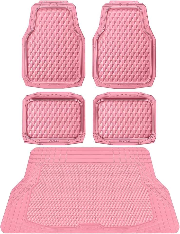 CAR PASS Heavy Duty Rubber Pink Car Floor Mats & Cargo Liners, Deep Dish All-Weather Trunk Mats Durable Anti-Slip 3D Rhombus Waterproof Trim to Fit Liner Universal Fit Auto,Sedan,SUV,Truck, Pink