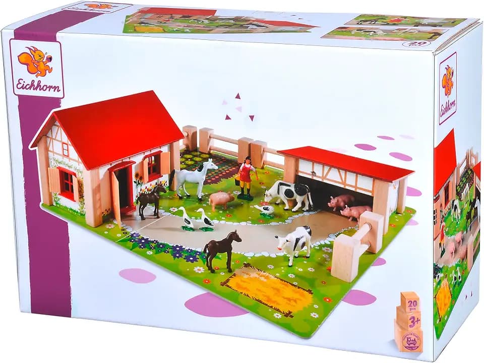 Eichhorn 100004304 - Kleiner Bauernhof, bestehend aus 2 Gebäuden, Spielplatte, Figuren, Tiere, Zäunen, 20-TLG., 36 x 39 cm, Buchenholz, ab 3 Jahren