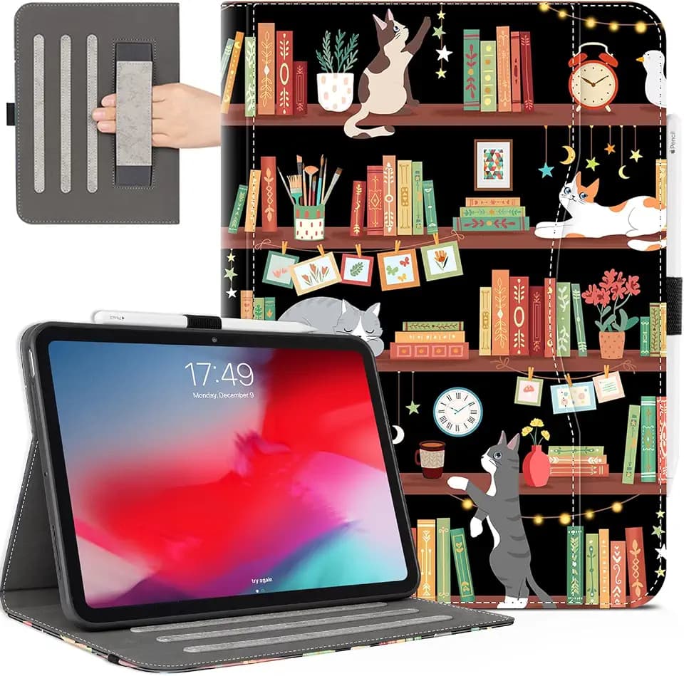 iPad Pro 13 inch Case (M5/M4) 2025/2024 with Pencil Holder, Bookshelf Cat