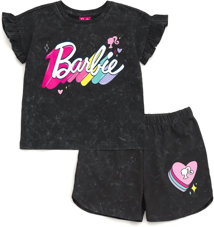 Barbie Girls' Washed French Terry Tee and Shorts Set Toddler to Big Kid