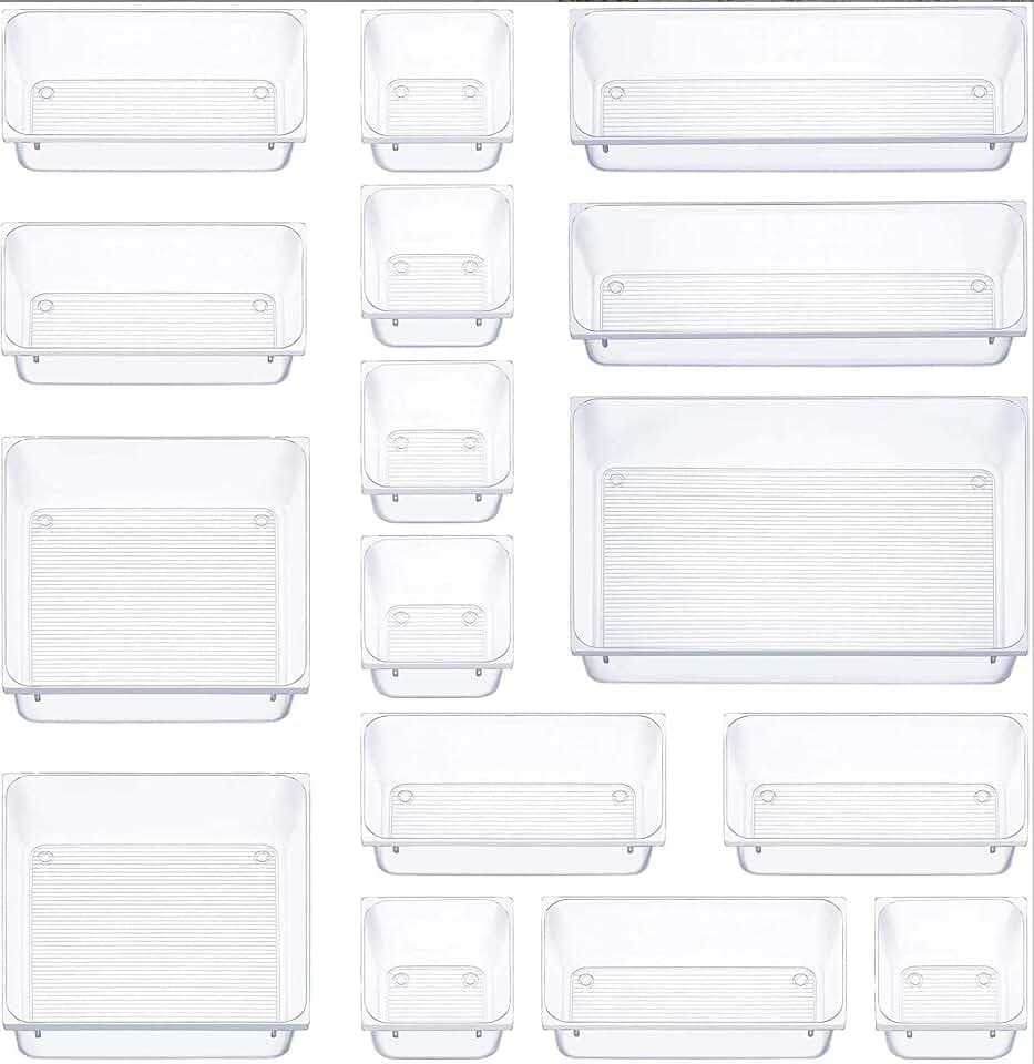 16 Stücke Schubladen Ordnungssystem, Organizer Ordnungssystem mit 5 Schublade Größen, Antirutsch Transparent Divider Make-up Organizer für Küche Badezimmer Kosmetik (Transparent)