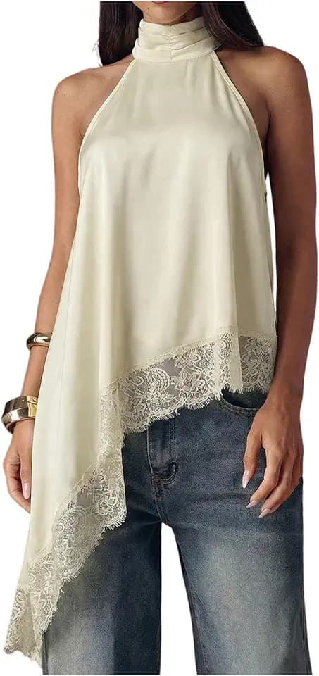 Milumia Women's Halter Neck Top Lace Asymmetrical Hem Going Out Tank Tops