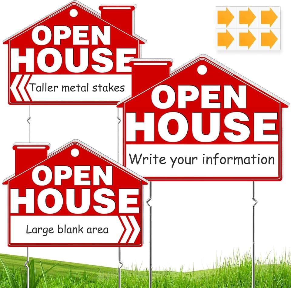 Remiawy Open House Signs for Real Estate, 3 Packs 17" x 13" Large Double Sided Yard Signs with Metal Stakes Weather Proof Open House Sign with Directional Arrows for Real Estate Agent Property Sale