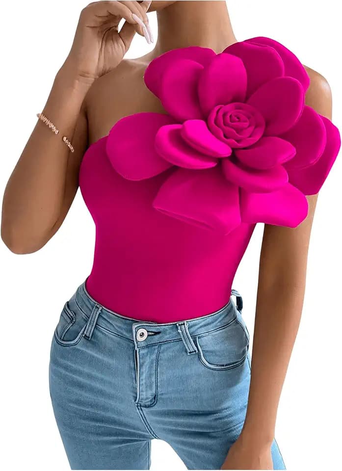 SHENHE Women's One Shoulder Sleeveless Slim Fit 3D Flower Top