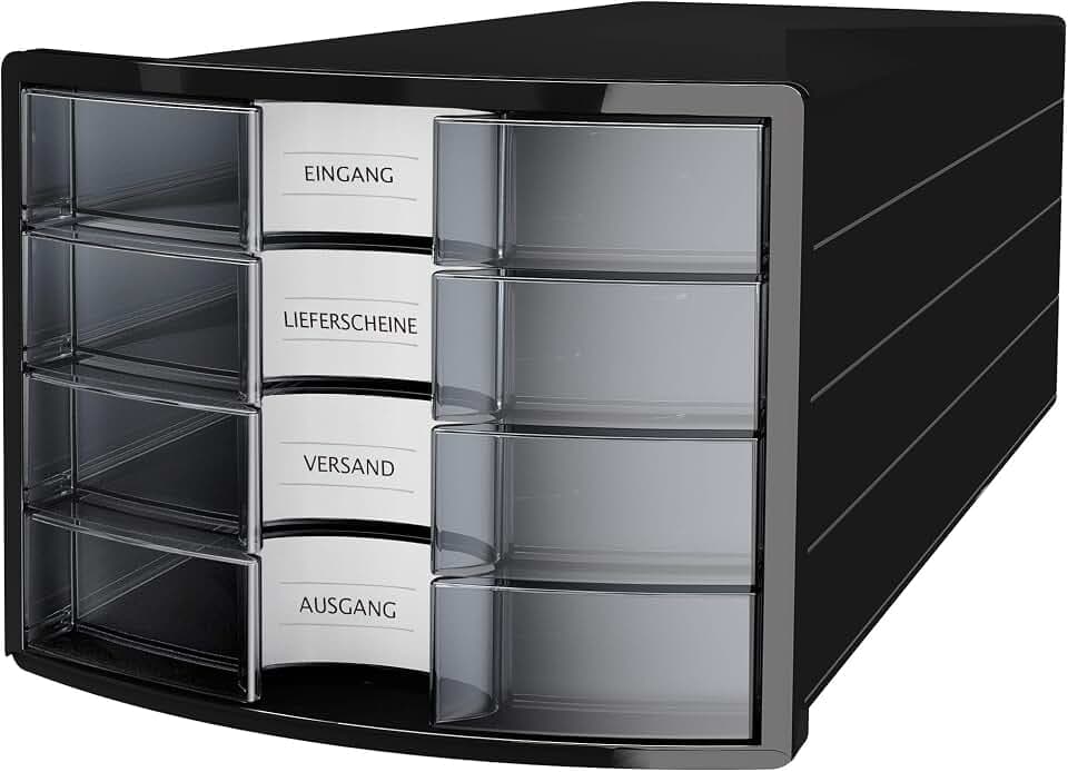 HAN Schubladenbox IMPULS 2.0 mit 4 geschlossenen Schubladen für DIN A4/C4 inkl. Beschriftungsschilder, Auszugsperre, möbelschonende Gummifüße, premium Qualität, 1012-363, schwarz/transluzent-klar
