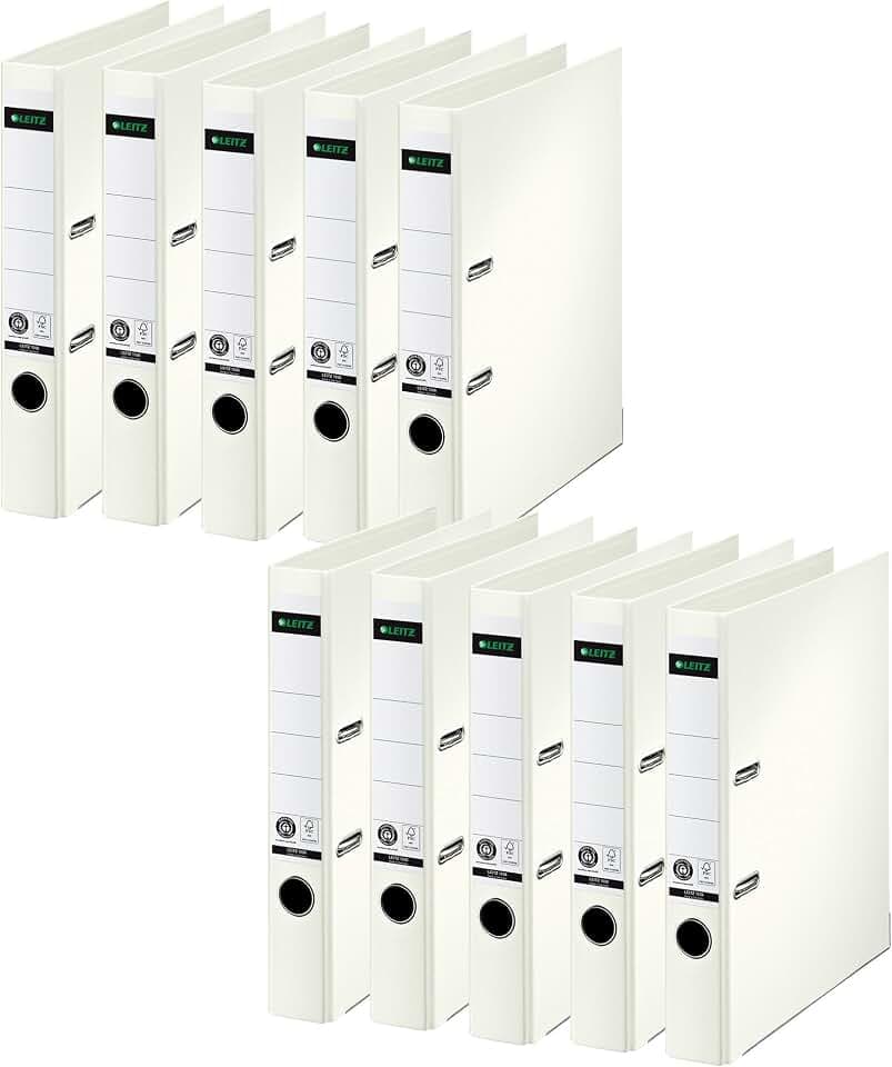 Leitz Qualitäts-Ordner 180°, 10er Pack, A4, schmal, 5,2 cm Rückenbreite, Spezialpapierkaschierung in Leinenprägung, Blauer Engel,Creme Weiß, 10080001