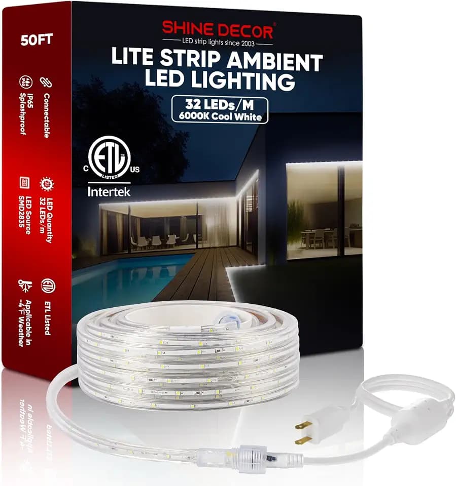 Shine Decor LED Strip Lights 36w Low Consumption, Cold Resistant IP65 Waterproof Outdoor Rope Light 120 VAC, Cuttable Connectable Indoor Lite Lighting Strip 50 FT ETL Listed 7x10mm 6000K Cool White