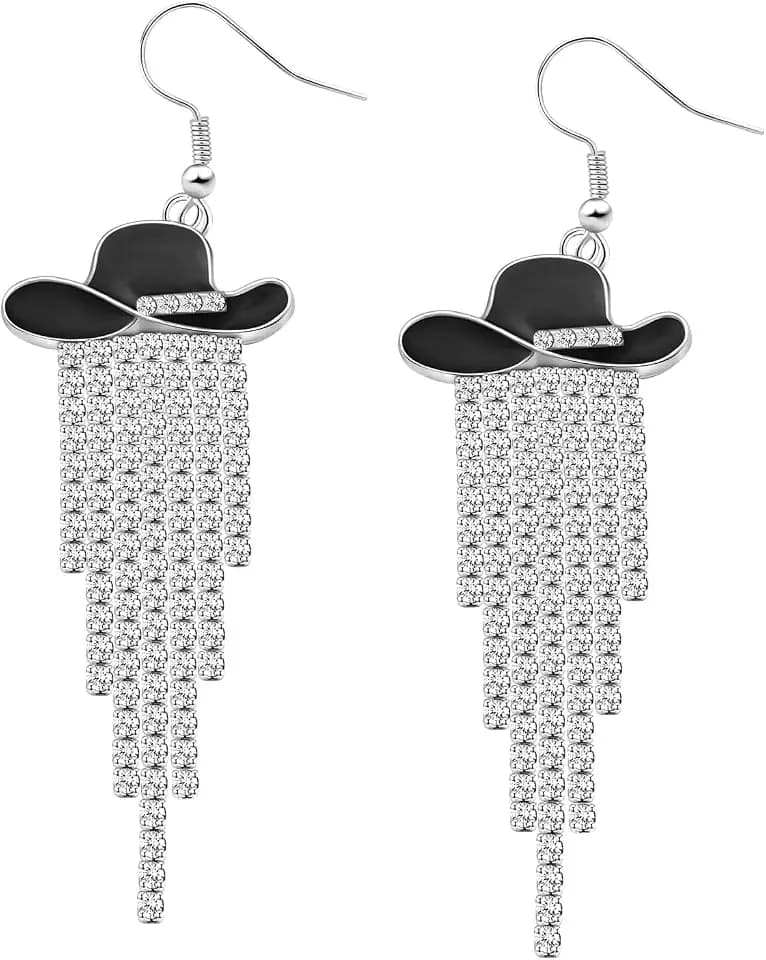 Western Cowgirl Enamel Hat Earrings – Sparkling Rhinestone Fringe Dangle Earrings for Rodeo, Country Concert, Cowboy Outfit Jewelry Gift (Black)