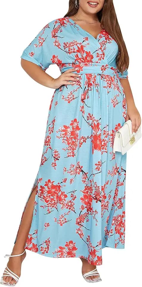 Keluummi Women's Plus Size V Neck 3/4 Sleeve Empire Waist A-Line Maxi Dress