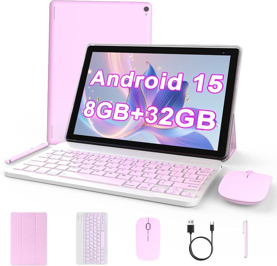 Android 15 Tablet 10 inch, 2 in 1 Tablet with Keyboard, 8GB RAM+32GB ROM Support 1TB Expandable Tablets PC, Quad-Core CPU, HD Screen, BT, WiFi, Long Battery Life Tablets with Case Mouse Stylus, Pink