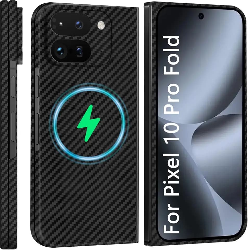 Slim and Thin Carbon Fiber Case Compatible with Google Pixel 10 Pro Fold, 1500D Aramid Fiber Cover Compatible with Magsafe, Matte Black Gray Twill, No Hinge Protection [NOT Printed]