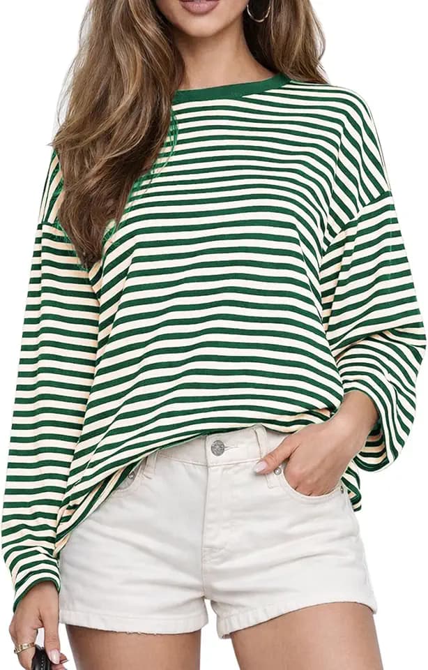 CHYRII Womens Oversized Striped Long Sleeve T Shirt Casual Fall Tops