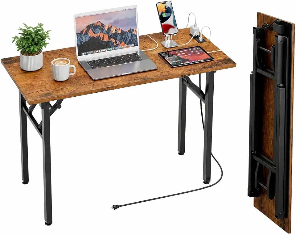 Folding Table Computer Desk - 43.3" No Assembly Folding Desk with Power Outlets & USB Charging Port, Small Desk, Foldable Office Desk, Compact Storage Portable Use for Small Space, Rustic Brown