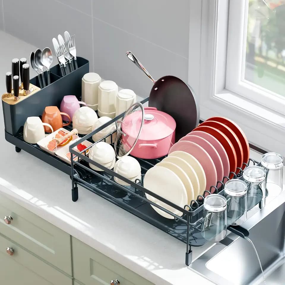 Urackify Extendable Dish Rack, 18.5"-26.7" L x 12.7" W, Dark Slate Gray