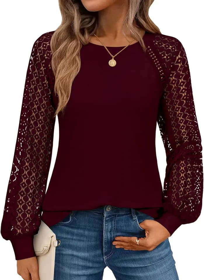 siliteelon Women's Dressy Casual Blouses Lace Lantern Long Sleeve Tops