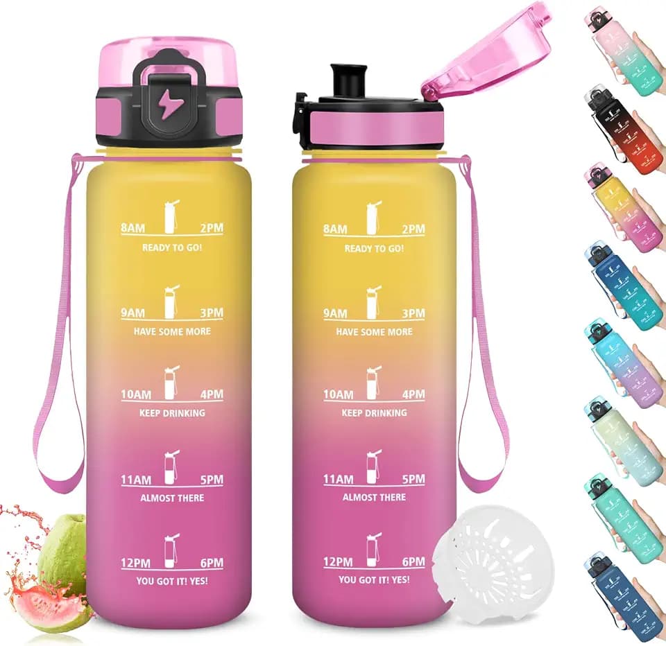 Trinkflasche 1l, Trinkflasche Sport Auslaufsicher, Wasserflasche mit Zeitmarkierung, Flasche mit Schnürung und Uhrzeit, Leicht zu Reinigen, Sichere Verriegelung, für Schule, Büro, Outdoor