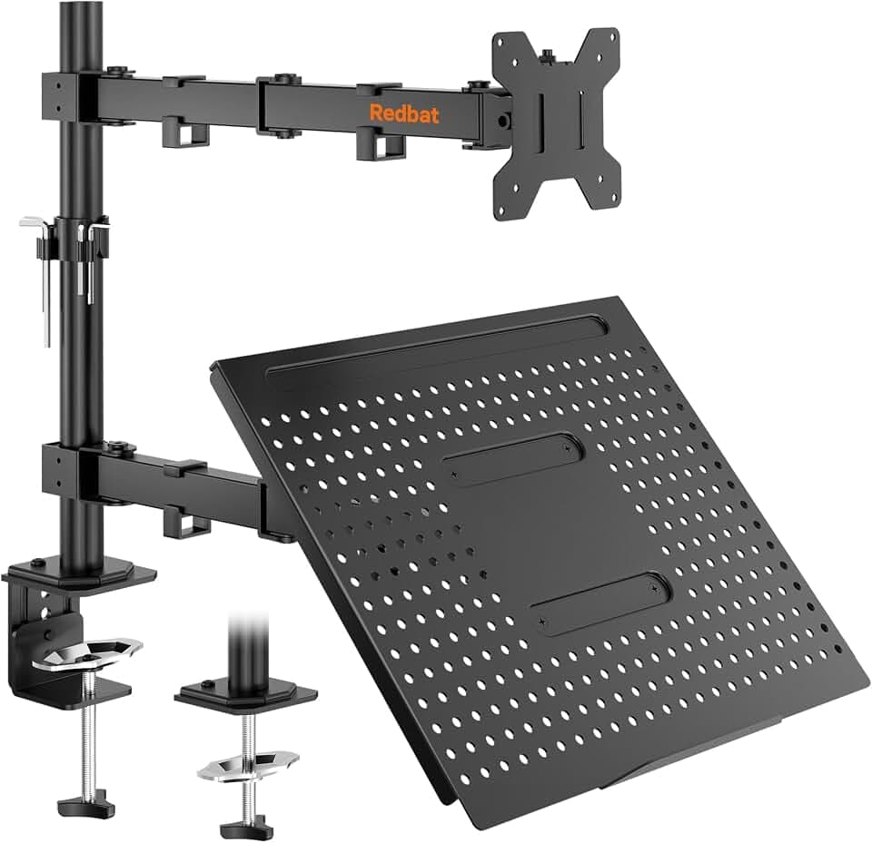 Redbat Monitorarm mit Laptopfach, Dual Screens, Voll einstellbar für 13 bis 32 Zoll LCD LED Bildschirm bis 8kg & Notebook bis 16 Zoll, Neigen, Schwenken & Drehen, 2 Befestigungsmöglichkeiten