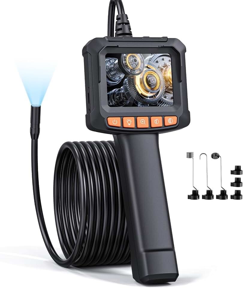 Endoskopkamera mit Licht, QIMIC Endoskop 1080P HD Rohrkamera Kanalkamera mit 8 LEDs, 2.4" IPS IP67 Bildschirm Inspektionskamera Livebild mit 2X Zoom Halbstarres Kabel 16.4FT, 2000mAh Akku