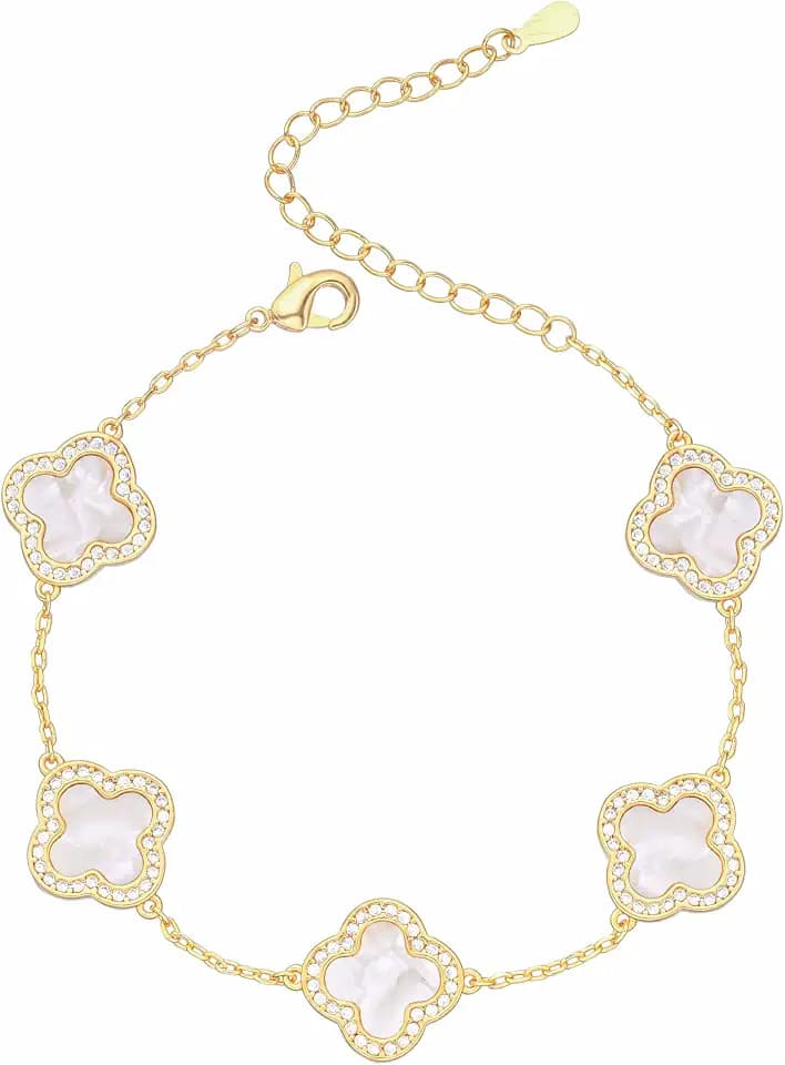 Billet-doux 14k Gold Plated Clovers Bracelet with Sparkling Cubic Zirconia Stones, Non-Tarnish Gold Plated Four Leaf Clover Bracelet, Mother's Day Jewelry Gifts for Women