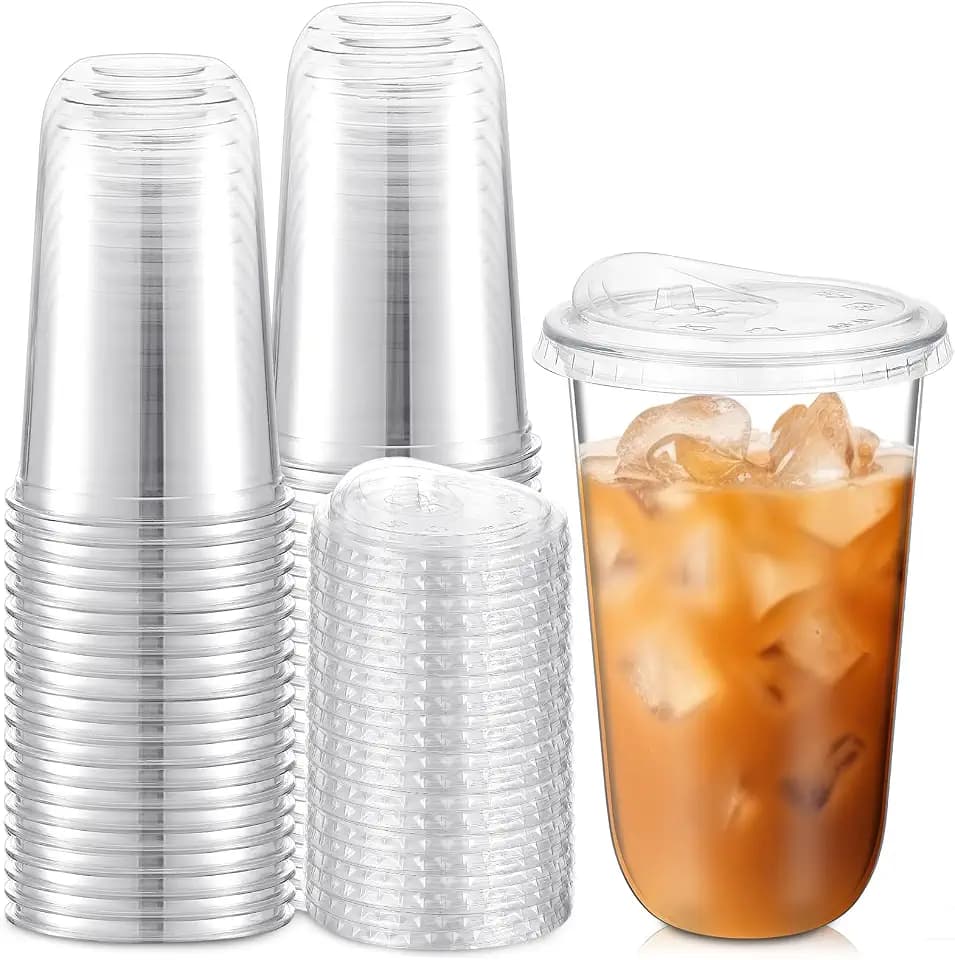 Ziliny 50 Sets 18 Oz Clear Plastic Coffee Cups with Strawless Sip Lids