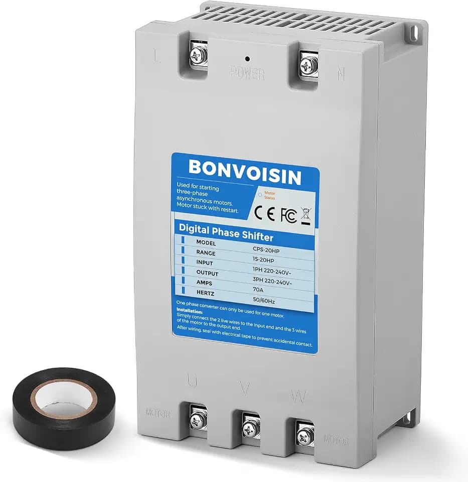 Bonvoisin Single Phase to 3 Phase Converter 20HP(15kW) Digital Phase Shifter, 70A 220V-240V Input/Output, One Converter only for one Motor.