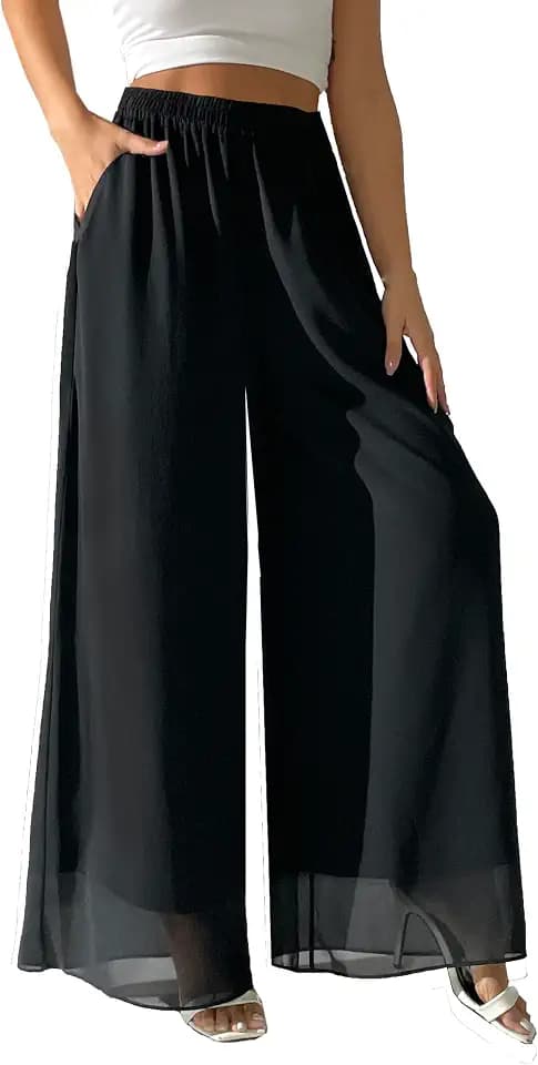 zsangbee - Damen-Hosen mit weitem Bein aus Chiffon, lockere, fließende Stoffhose für Party, Hochzeit, festlich oder lässig