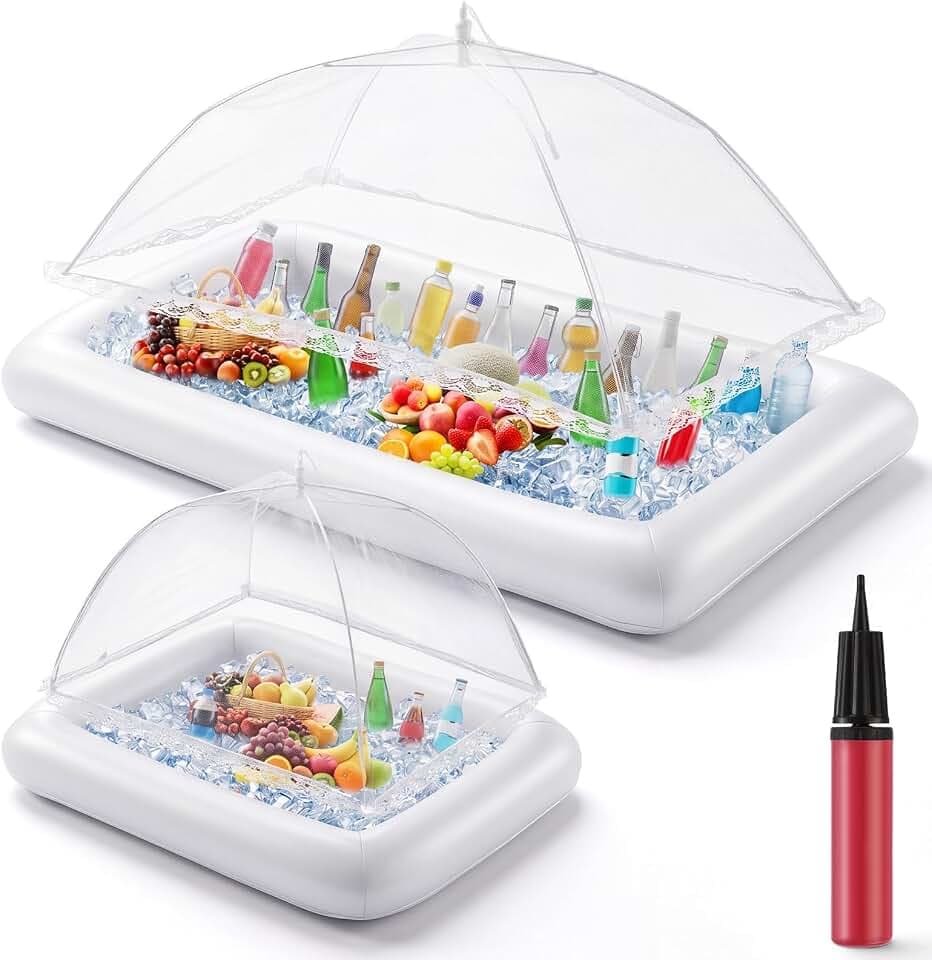 Leitee 4 Pcs Inflatable Ice Tray Serving Bar Buffet Set 2 Food Umbrella Mesh Covers Tent 2 Cold Food Cooler Buffet Server for Outdoor Salad Beverage Picnic Pool Party Supplies (White)