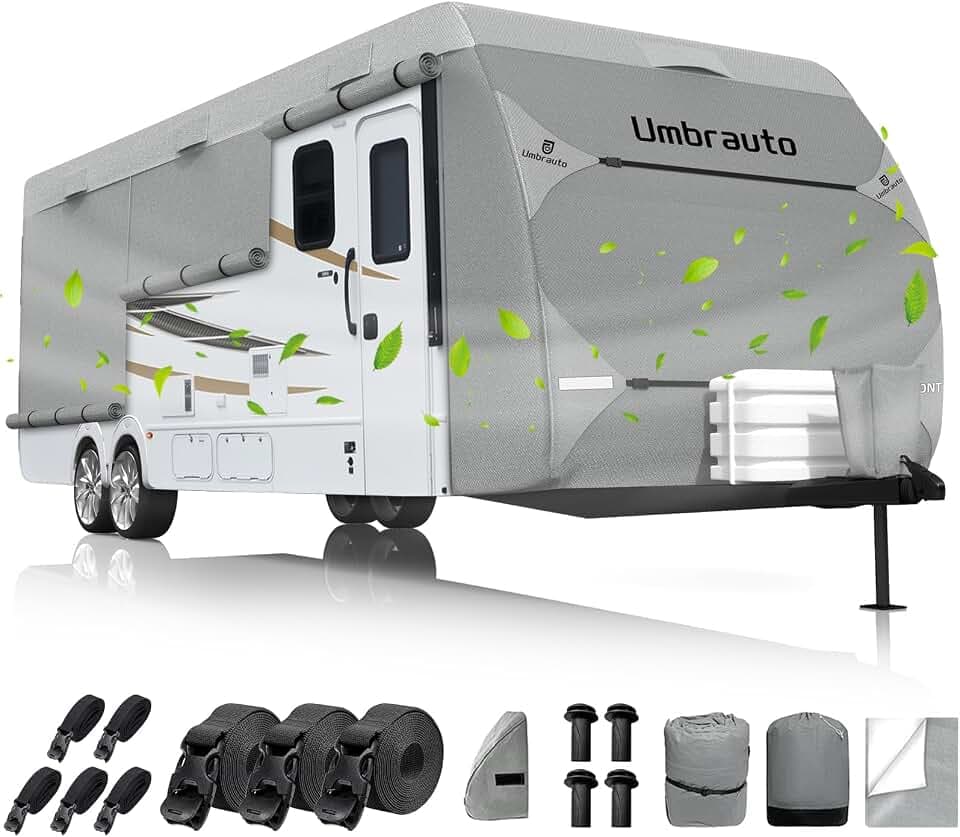 Umbrauto RV Cover 27-30ft: 9 Layers Travel Trailer Cover, Waterproof Camper Cover, Toy Hauler Cover with Tongue Jack Cover, Extra Windproof Ropes, Gutter Covers