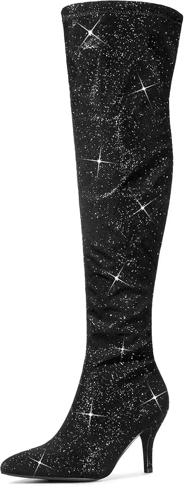 Allegra K Women Glitter Pointed Toe Stiletto Heels Over the Knee Boots