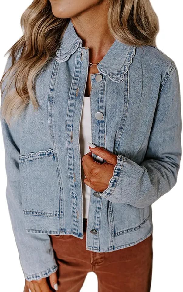 KevaMolly Womens Mineral Washed Scallop Trim Denim Jean Jacket
