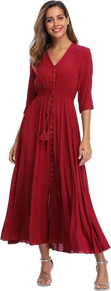 VintageClothing Women's Floral Maxi Dresses with Sleeves Flowy Boho Beach Dress