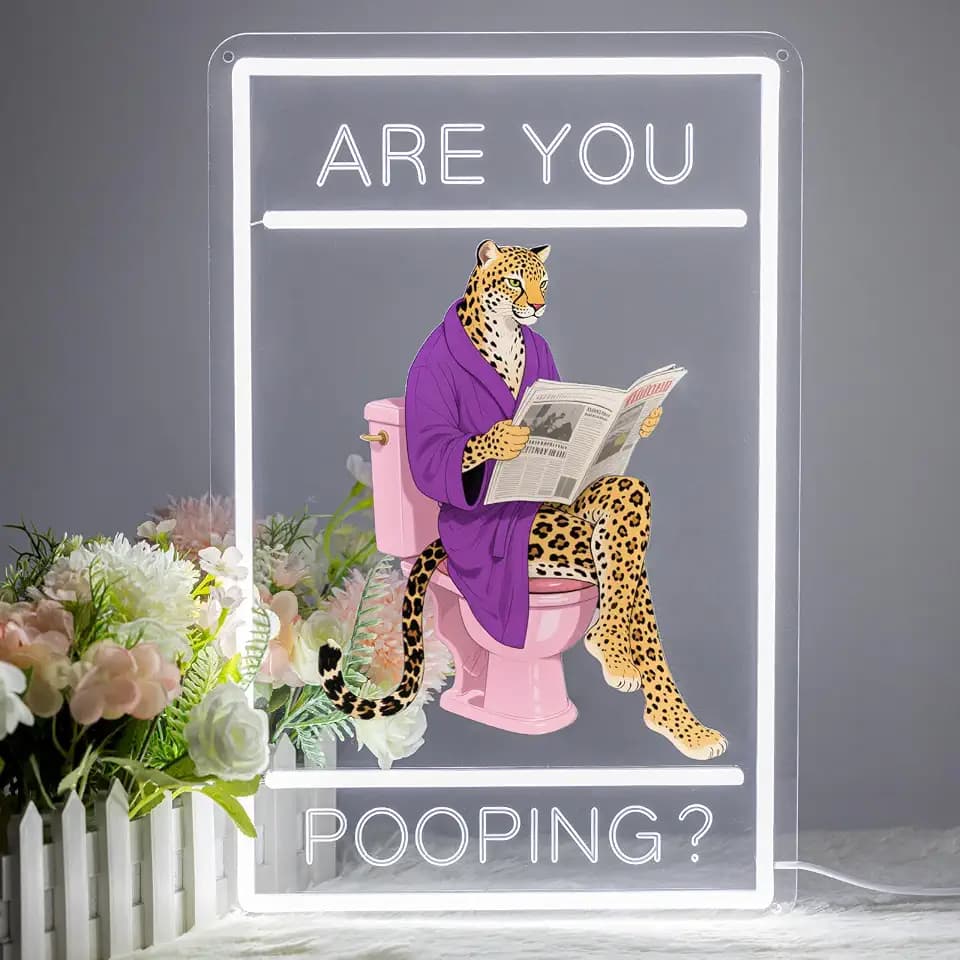 17''×11' Funny Cheetah Neon Bathroom Sign, "Are You Pooping?" Leopard Vintage LED Neon Light Signs for Bathroom Decor Poster, Aesthetic Wall Decor for Modern, Funny Restroom Art (Elegant Leopard)
