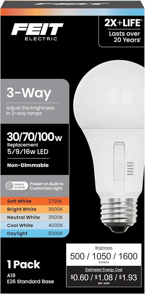 Feit Electric 3-Way A19 LED Light Bulb, 30/70/100W Equivalent, 5CCT Adjustable White (2700K–5000K), 1600 Lumens, Dimmable, 25,000-Life Hours, Energy Saving for Lamps & Fixtures, OM30/100/5CCTCA