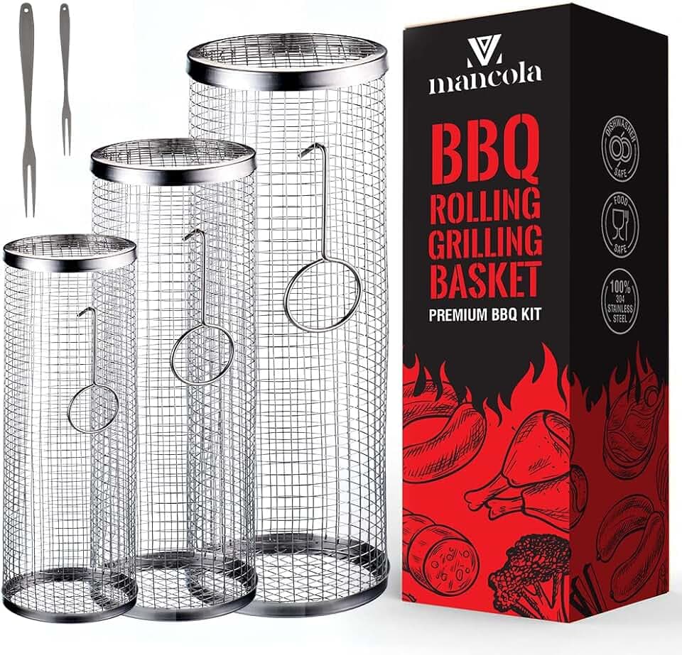 mancola BBQ Net Tube-Rolling Grilling Basket,Rolling Grilling Baskets for Outdoor Grilling,Round Stainless Steel BBQ Grill Mesh, Camping Barbecue Rack for Vegetables, French Fries, Fish