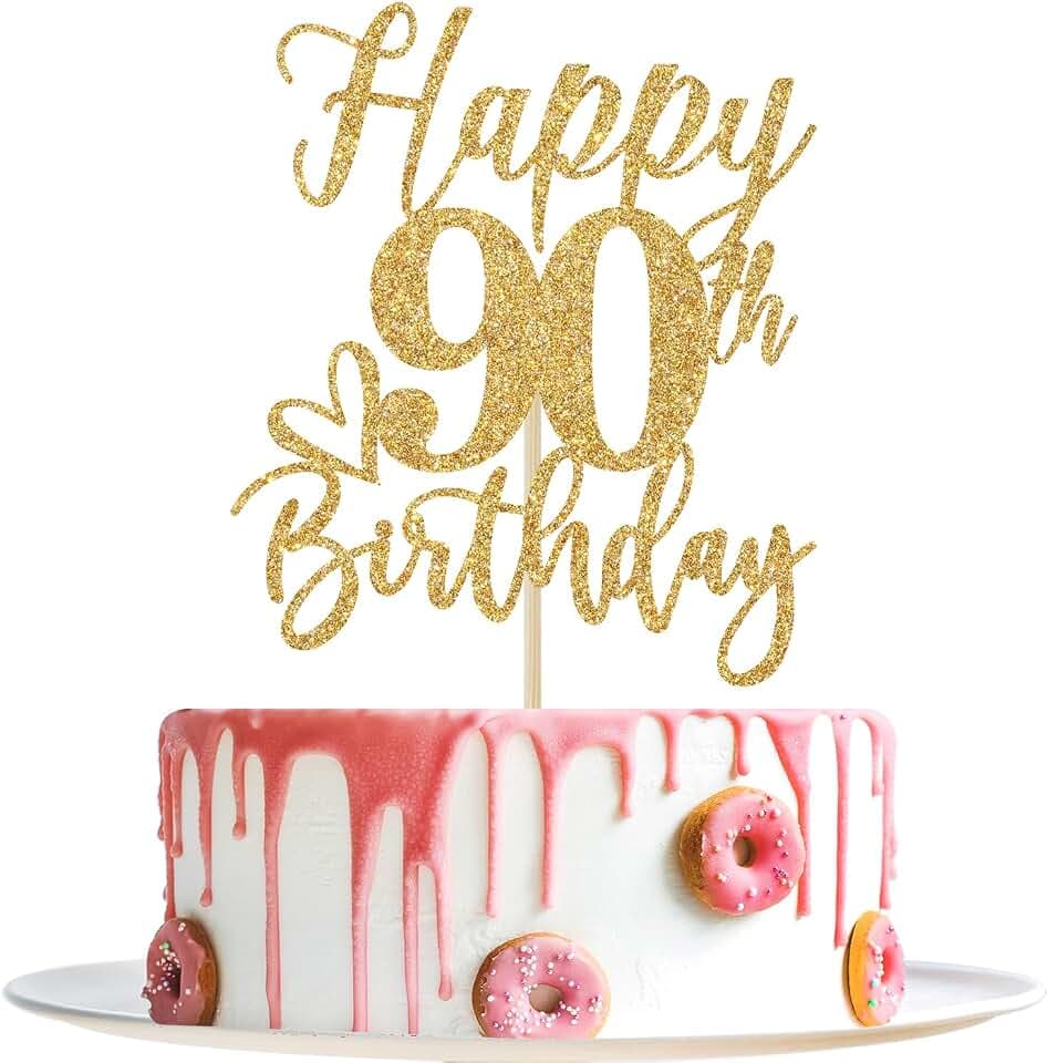 Happy 90th Birthday Cake Topper, 90th Birthday Cake Decorations for Men/Women, Cheers to 90 Years, 90 and Fabulous, 90th Birthday Party Decorations Gold Glitter