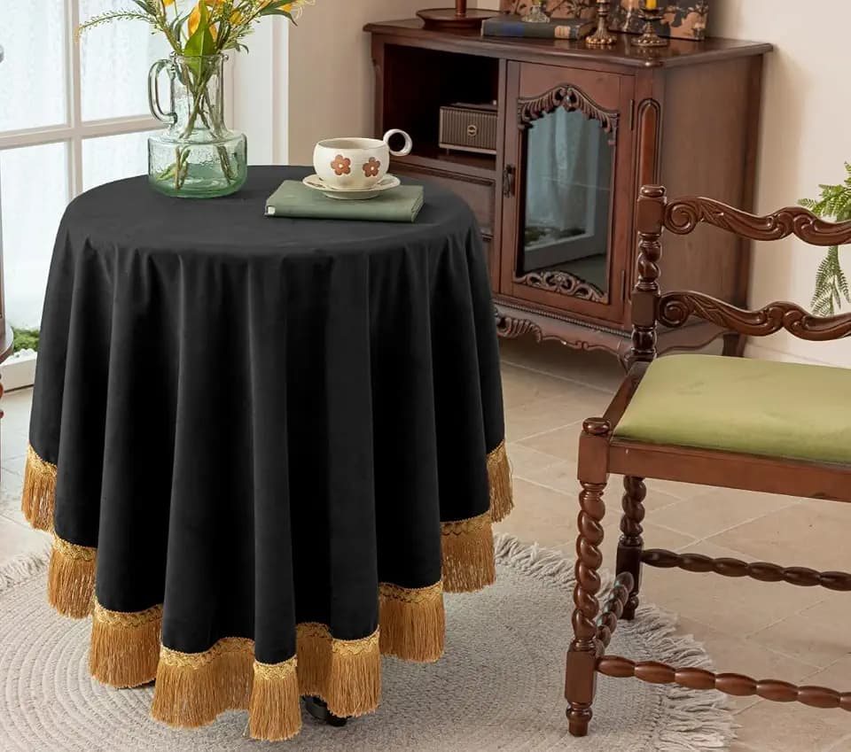 F-CHU 60 Inch Round Black Velvet Tablecloth, Luxury Vintage Table Cover with Gold Tassel Fringe, Heavy Soft Velvet for Dining Table, Halloween Christmas Holiday Party Home Decor