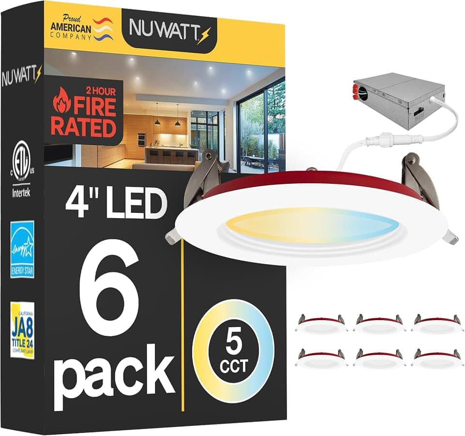 NUWATT Baffle 2 Hour Fire Rated Recessed Light 4 Inch, 2700K-5000K, 6 Pack