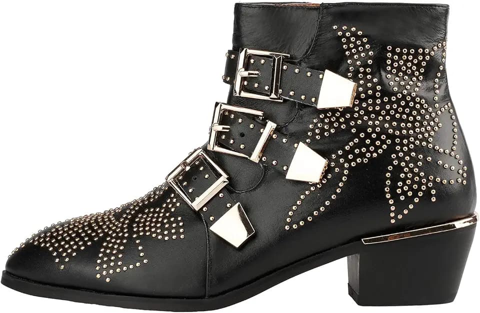 Arqa Women's Studded Ankle Boots Leather Multiple Buckle Chunky Heel Booties Almond Toe Zipper Punk Boot