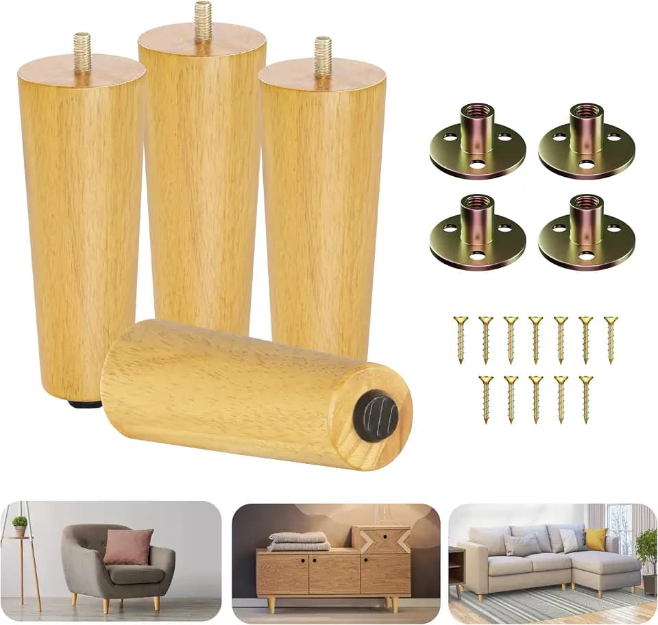 Yes4All 6 Inches Round Natural Solid Wood Furniture Legs Set of 4, Heavy Duty 800 Lbs Capacity Furniture Legs with Leveler, Replacement Legs for Furniture, Couch, Sofa, Dresser, Ottoman