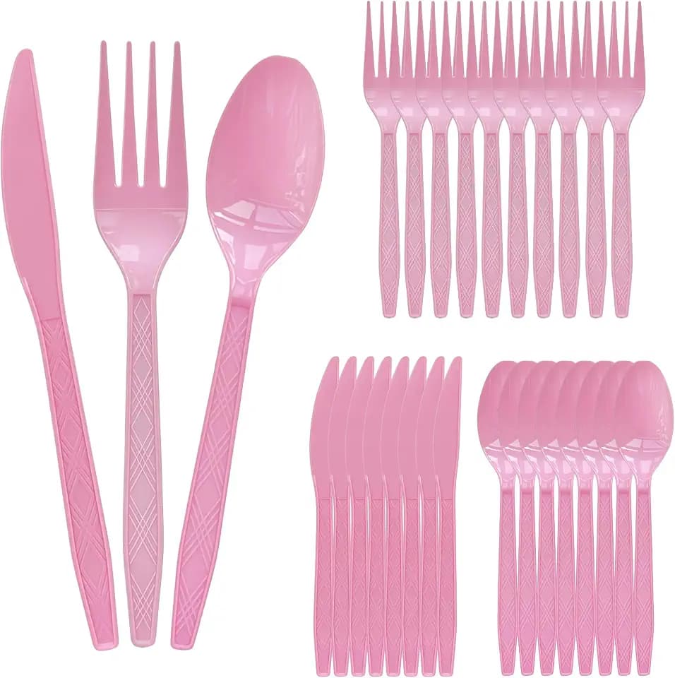 180-Piece Pink Heavy Duty Disposable Cutlery Set – Plastic Utensils with 60 Forks, 60 Knives, 60 Spoons for Party, Wedding, Birthday Supplies