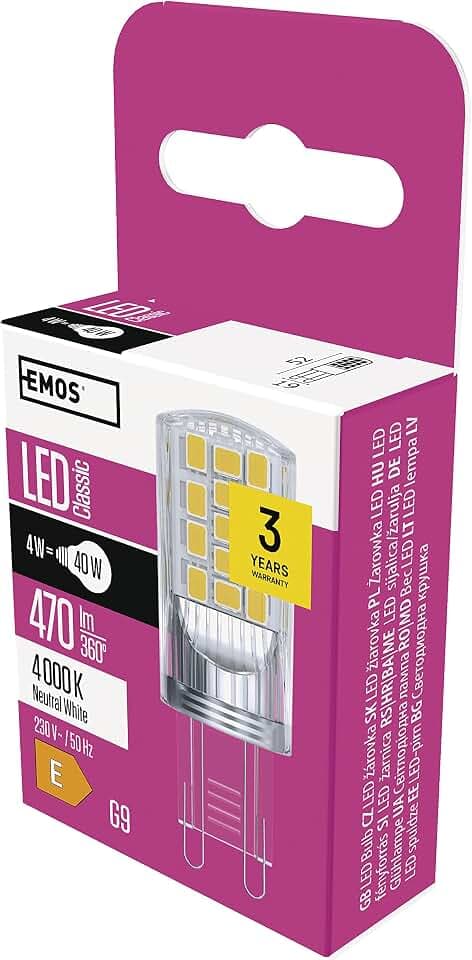 EMOS G9 LED Lampe, 4W Ersatz für 40W Glühbirne, Pin JC, Helligkeit 470 lm, Neutralweiß 4000 Kelvin, 30000 h Lebensdauer