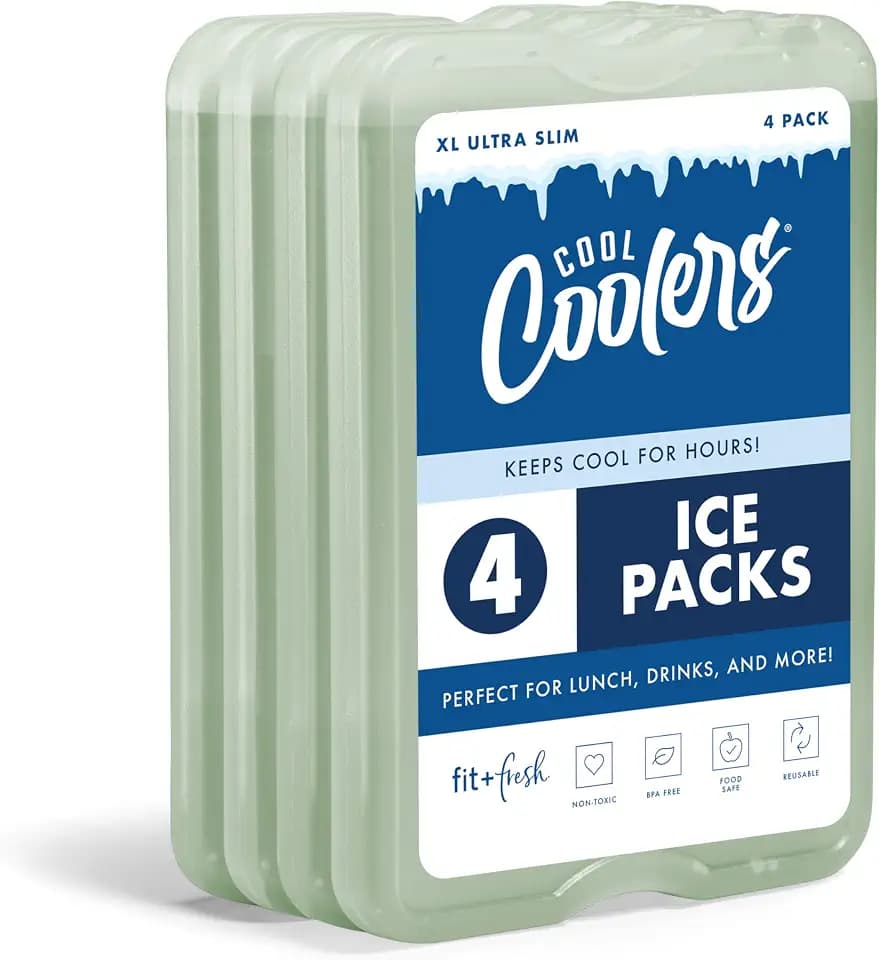 Cool Coolers by Fit & Fresh 4 Pack XL Slim Ice Packs, Quick Freeze Space Saving Reusable Ice Packs for Lunch Boxes or Coolers