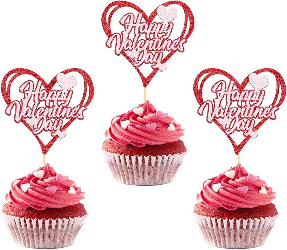 24Pcs Happy Valentine's Day Cupcake Toppers for Valentine's Decorations,Sweet Love Theme Valentine's Day Cupcake Picks for Valentine's Day Cake Decorations (Red Heart)