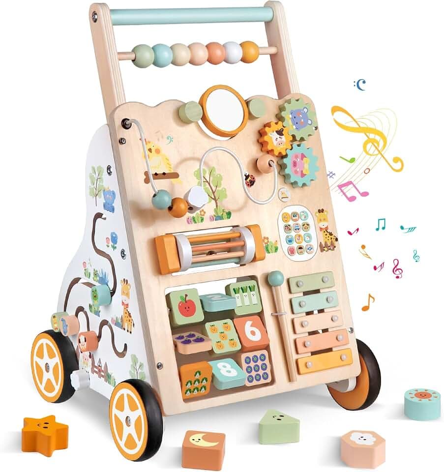 Weilim Wooden Baby Walker, 10-in-1 Montessori Push Walker for Toddlers 1+