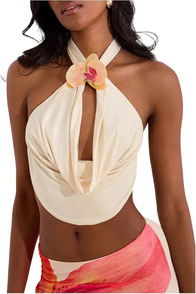 MakeMeChic Women's Draped Neck Halter Top 3D Floral Backless Summer Beach