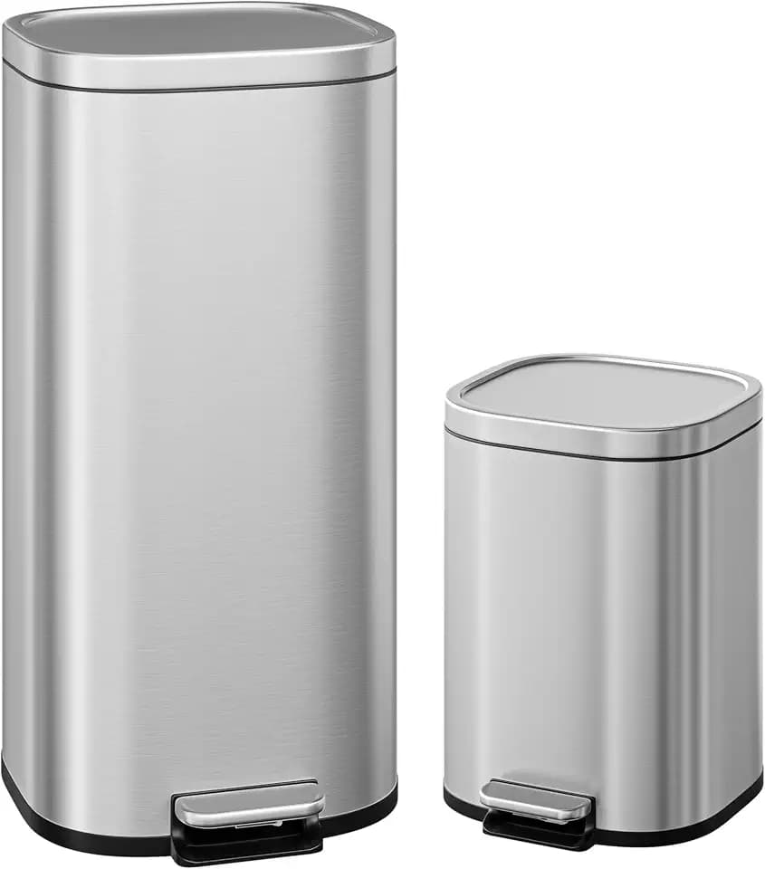 Garvee 30L & 6L Stainless Steel Step Trash Can Set of 2, 8+1.6 Gallon Rectangular Kitchen Trash Can with Quiet Close Lid, Hands-Free Foot Pedal, Powder-Coated Finish, Stainless Steel Color for Home