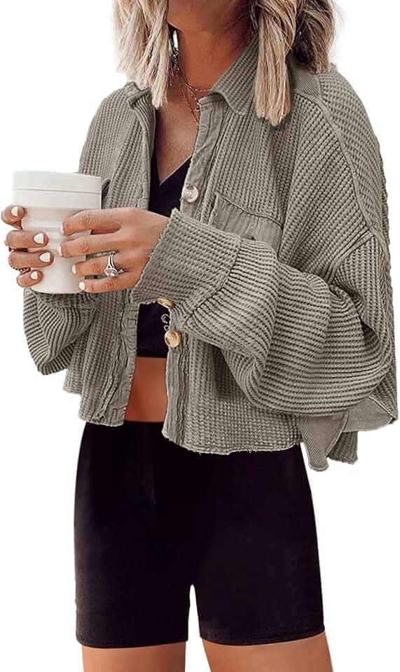 Panadila Womens Waffle Knit Jacket Cropped Cardigan