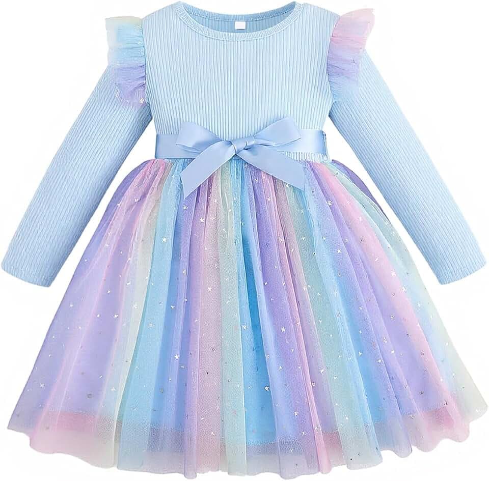 Mädchen Tüllstickerei Regenbogen Kleid mit Gürtel für Kinder 1-8 Jahre